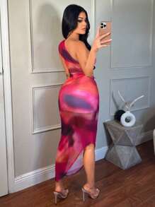 SHEIN SXY Áo thun in họa tiết nhuộm loang một bên vai gợi cảm mùa hè có đường xẻ cao, kết hợp với chân váy bó sát cạp cao Bộ trang phục Clothes Western Wear Trang phục sinh nhật Tiệc độc thân Câu lạc bộ hòa nhạc Tiệc tốt nghiệp - Nhiều màu - Xem 2