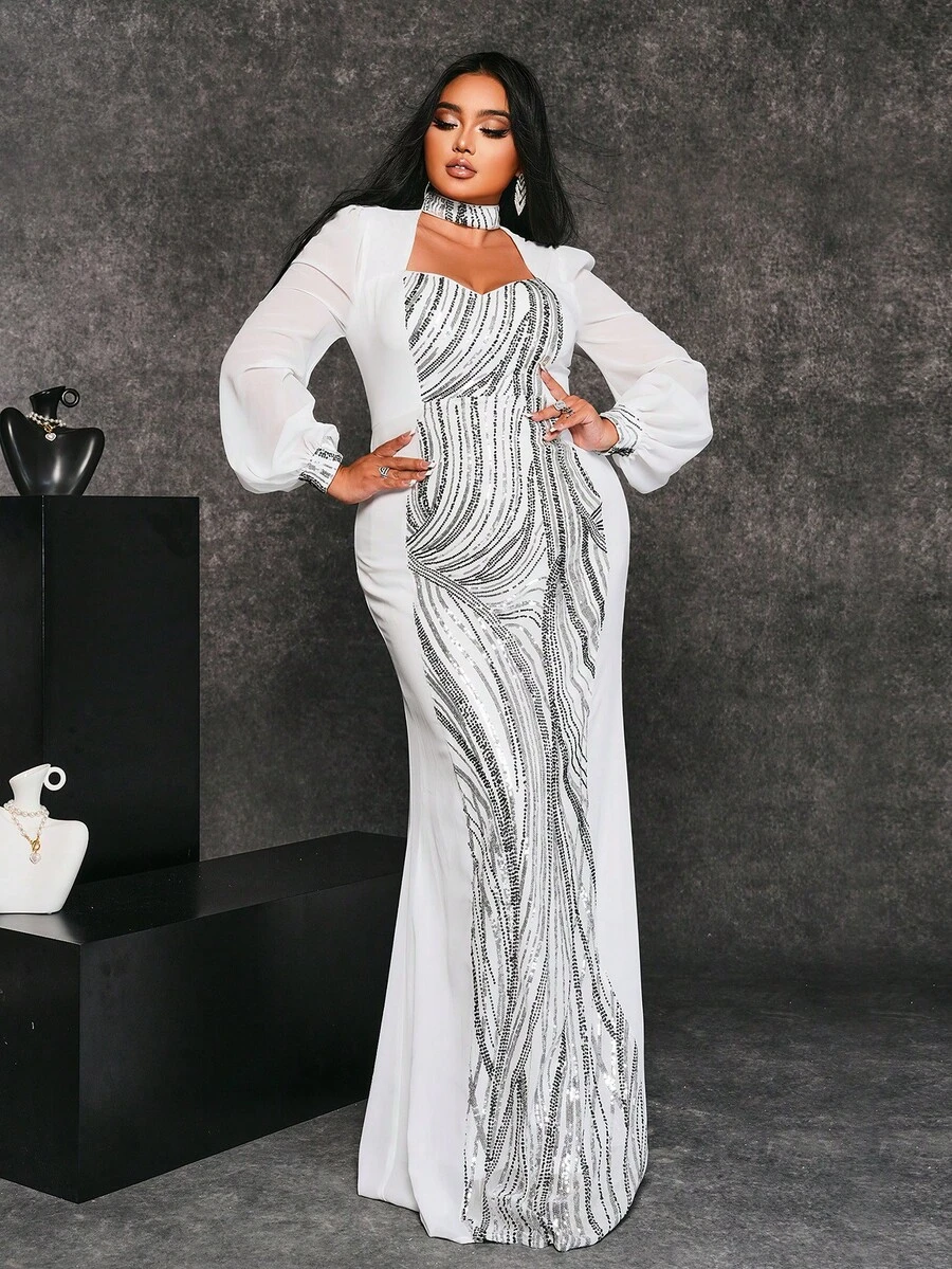 seomiscky Plus Size Elegant Neck Hanging Bodycon Sequin Patchwork Dress - White - View 1