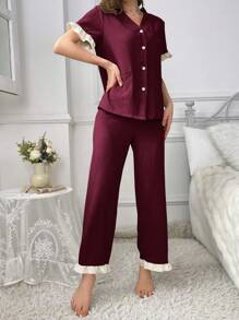拼色滚边 V 领短袖睡衣套装 睡衣套装 休闲套装 - 酒紅色 - 查看 5