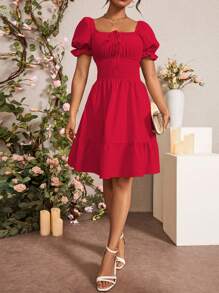 Rafferiza Summer Tie Front Ruffle Hem Puff Sleeve Dress For New Year Clothes - Red - View 4