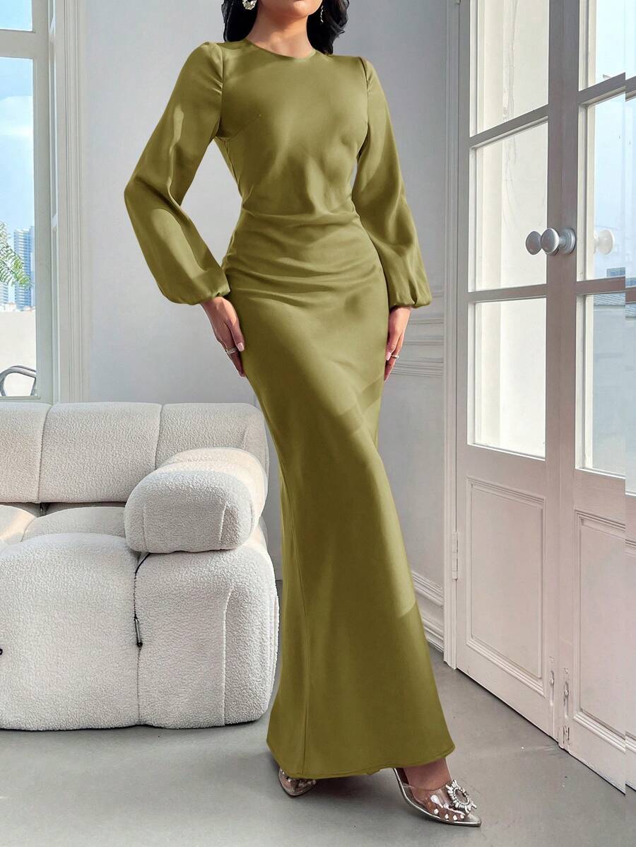Modelyn Ladies' Solid Color Lantern Sleeve Casual Long Sleeve Dress - Olive Green - View 1