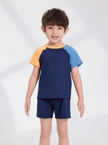 SHEIN Young Boy's Summer Color Block Round Neck Short Sleeve Top And Shorts Casual Sports Set - Multicolor - View 1