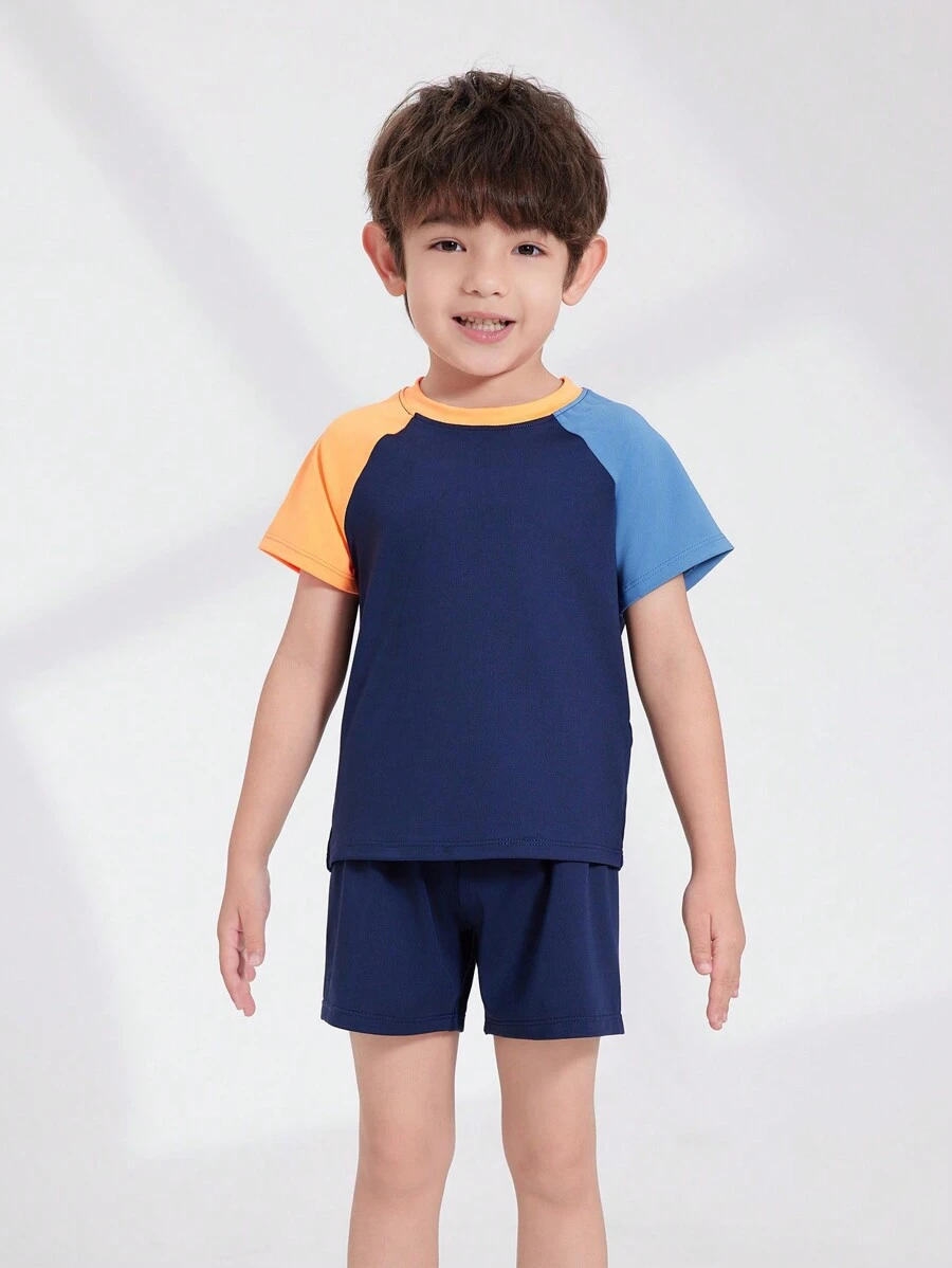 SHEIN Young Boy's Summer Color Block Round Neck Short Sleeve Top And Shorts Casual Sports Set - Multicolor - View 1