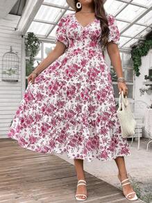 Celure Plus Size V-Neck Short Sleeve Fashion Printed Dress - Hot Pink - View 6
