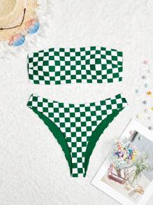 SHEIN Swim 女士夏季海灘格紋無肩帶性感比基尼套裝，隨機印花 - 綠色 - 查看 1