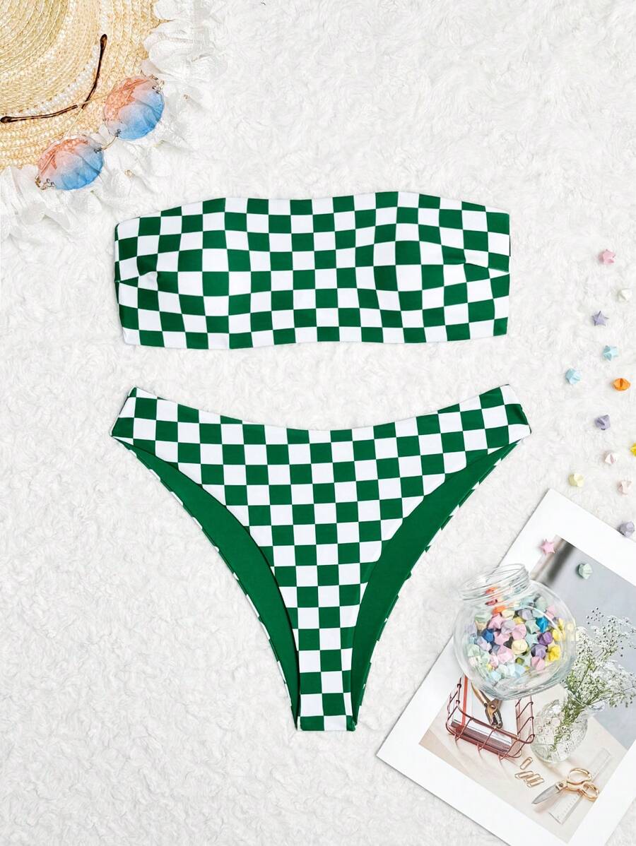 SHEIN Swim 女士夏季海灘格紋無肩帶性感比基尼套裝,隨機印花 - 綠色 - 查看 1