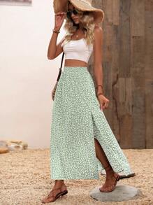 Breezaya Falda midi de flores diminutas con abertura lateral para mujeres en vacaciones - Verde Lima - Ver 1