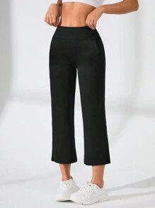 Easithlete 女士純色七分休閒運動褲，帶口袋 - 黑色 - 查看 3