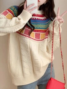 獨特減齡彩色幾何圖案圓領套頭衫