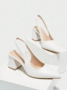 Fall/Winter Women's Pointed Toe Chunky Heel Slingback Spring Shoes, White, Suitable For Wedding, Work, With Back Strap,Elegant - White - View 4