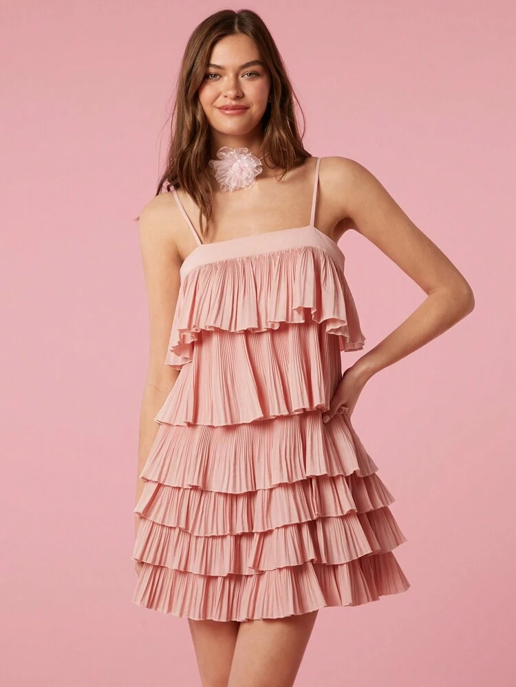 Feminine Pleated Woven Short Loose Tank Cake Dress