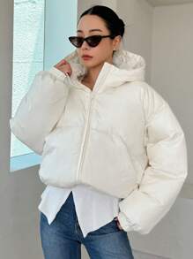 Áo khoác ngắn có mũ trùm đầu màu trơn ấm áp dành cho nữ, áo khoác mùa đông - trắng - Xem 13