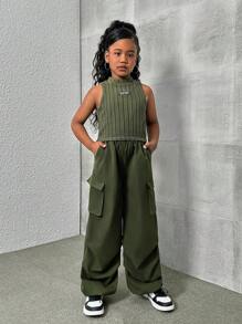 Tween女孩綠色時尚肋紋立領短上衣和褶皺3D口袋貨櫃褲套裝 - 綠色 - 查看 3