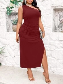 Celure Plus Size Women's Solid Color Simple Daily Asymmetrical Neck Dress - Burgundy - View 1