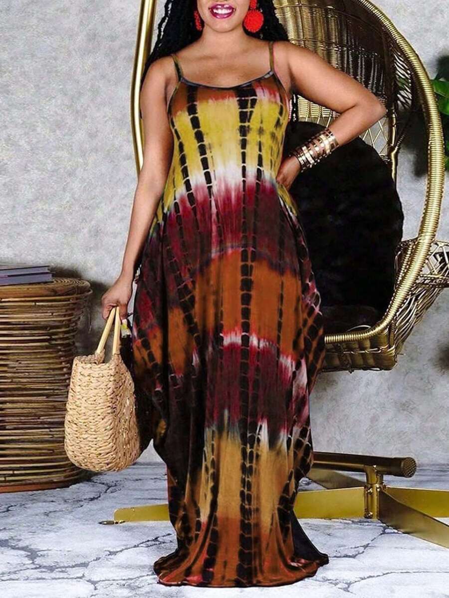 LONESS Plus Size Printed Casual Vacation Style Slip Dress With Shoulder Straps - Multicolor - View 1