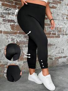 SHEIN LUNE Plus Button Detail Leggings - Black - View 1