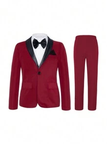 SHEIN 年輕男孩紳士套裝2件套，格子短袖西裝和短褲，配上蝴蝶結，非常適合生日派對、晚間活動、婚禮、洗禮和1歲生日慶祝 - 酒紅色 - 查看 1