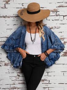 SHEIN LUNE Chaqueta de mezclilla con encaje de moda para mujer para usar a diario - Azul lavado oscuro - Ver 4