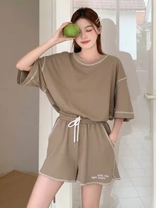 DAZY Simple Line Decor T-Shirt And Drawstring Elastic Waist Shorts, Homewear Set - Khaki - View 8