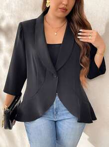 SHEIN Clasi Plus Size Elegant Black Suit Jacket With Ruffle Hemline For Women - Black - View 5
