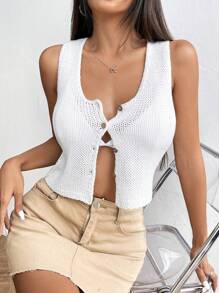 SHEIN Unity Women's Solid Color Simple Everyday Knitted Sleeveless Top - White - View 1