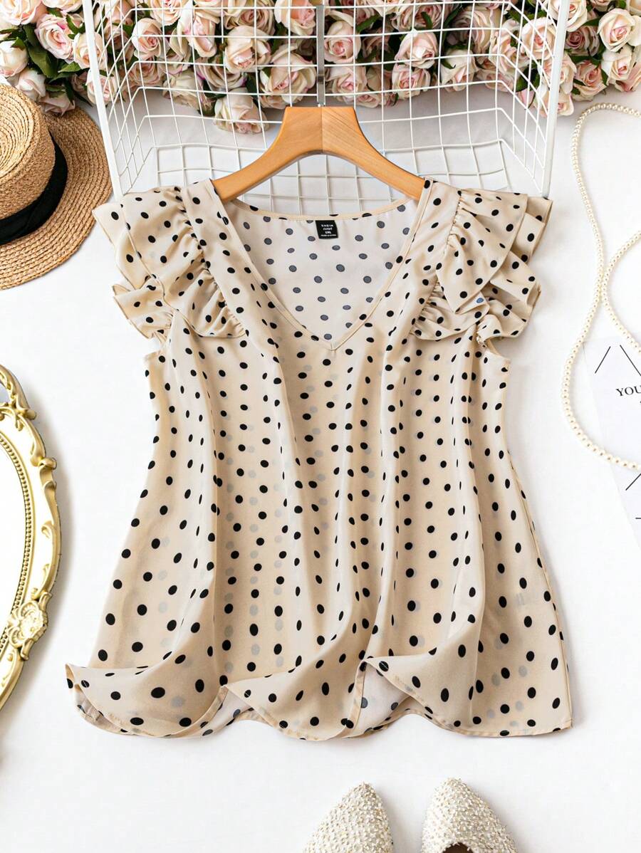 SHEIN LUNE Áo sơ mi chấm bi đơn giản hàng ngày cỡ lớn dành cho nữ, dành cho mùa hè - Màu be - Xem 1