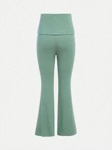SHEIN Teenage Girl's Knitted Solid Color Ribbed Short Sleeve T-Shirt And Flared Pants Casual Sports Two-Piece Set - Green - View 11