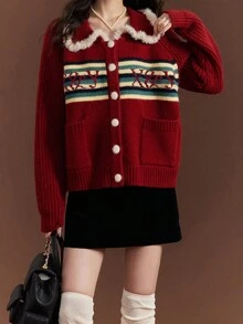 女士节日复古风格喜庆中国农历新年圣诞节蓬松镶边设计红领开衫 - 紅色 - 查看 4