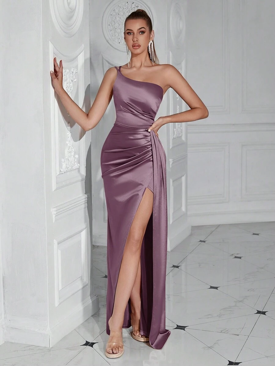 ADYCE One Shoulder Ruffle High Slit Long Belted Party Prom Dress Elegant Formal Evening Wedding Guest Gown, For Graduation, Dinner - Purple - View 1