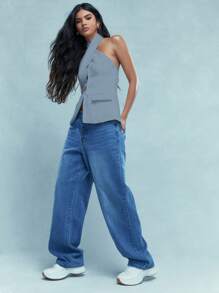 MISSGUIDED Top de espalda descubierta con cuello de cruzado y botones con cuello halter y bolsillos