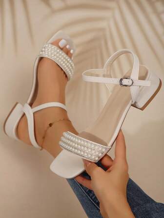 Women's Simple Faux Pearl Ankle Strap Mid-Heel Sandals With Open Toe, Elegant For Wedding And Banquet, Summer Valentines