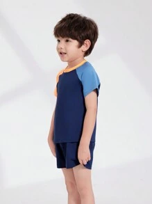 SHEIN Young Boy's Summer Color Block Round Neck Short Sleeve Top And Shorts Casual Sports Set - Multicolor - View 3