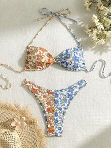 SHEIN Swim Women's Summer Beach Floral Printed Halter Neck Tie Two-Piece Bikini Set - Multicolor - View 2