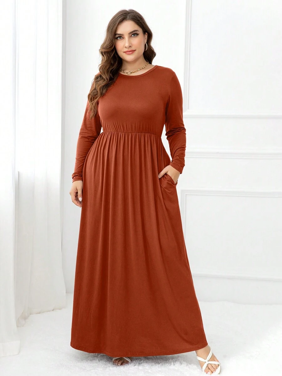 DEARCASE 大码纯色隐形口袋连衣裙，优雅春季款 - 亮橙色 - 查看 1