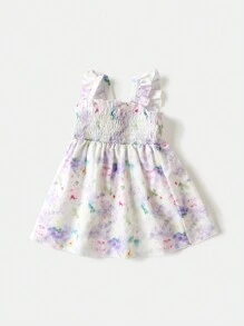 Baby Girl Oil Painting Floral Print Flared Cap Sleeve Dress