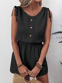 EMERY ROSE Solid Button Front Knot Shoulder Romper - Black - View 4