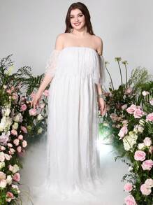 Plus Size White Contrast Lace Tube Bridal Gown, Off Shoulder Wedding Dress - White - View 7
