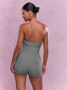 MISSGUIDED Mono corto de verano con detalle de nudo retorcido, rayado texturizado y ajustado, mono lindo - Blanco y Negro - Ver 2