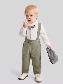 SHEIN Conjunto de alta gama de 2 piezas para bebé niño que incluye camisa de manga larga con tirantes y pantalón largo, estilo inglés de ropa formal para caballeros, perfecto para portadores de anillos y ocasiones elegantes - Verde - Ver 4