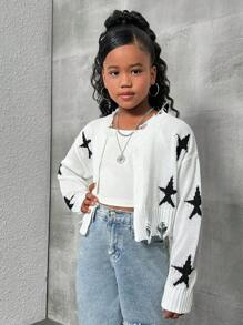 SHEIN Tween Girls' Loose Fit Sporty Knitted Short Cardigan With Star Pattern And Frayed Hem - White - View 6