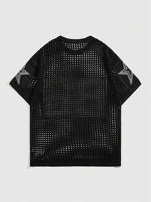 ROMWE MEN Street Life Men's Number Pattern Short Sleeve Knit Top With Hollow-Out Design, School, Football Style - Black - View 2