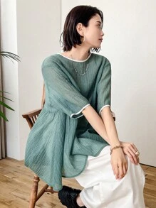 FRIFUL Áo kiểu nữ đơn giản với viền tương phản, xếp ly ở gấu áo, thích hợp cho lễ Phục sinh. - màu xanh lá - Xem 7