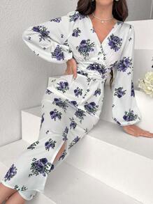 Modelyn Đầm Maxi Xẻ Đùi Họa Tiết Hoa Tay Lồng Đèn Trang Phục Nữ - Màu xanh lam - Xem 3