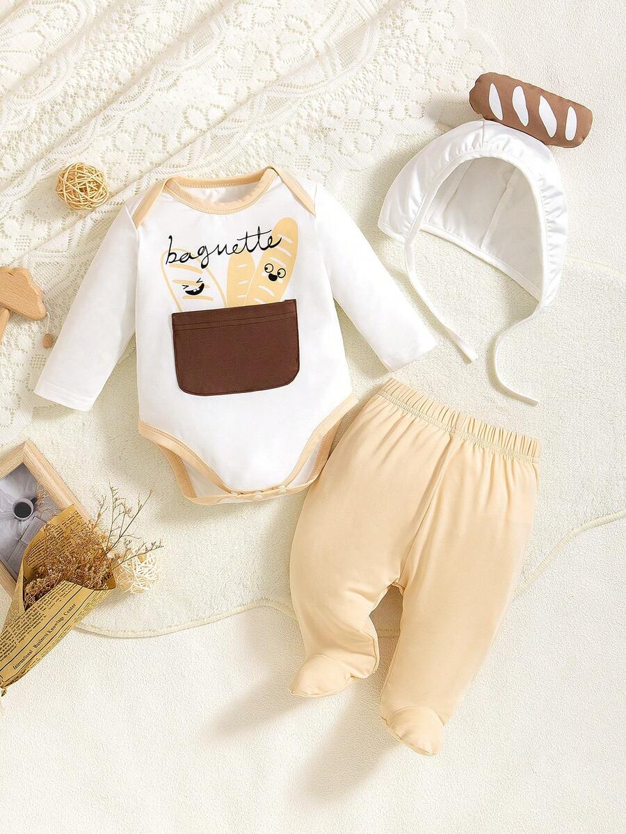 Baby Boys' Simple Long Sleeve Romper Set, Including Bread-Shaped Romper, Pants And Hat, 3pcs Home Wear - White - View 1