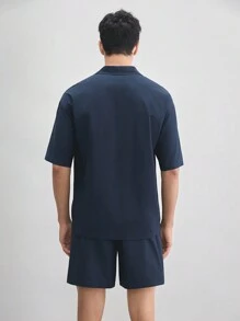 AKNOTIC Business Casual 純棉男士實色編織領短袖襯衫，夏季出行的完美選擇 - 藏蓝色 - 查看 7