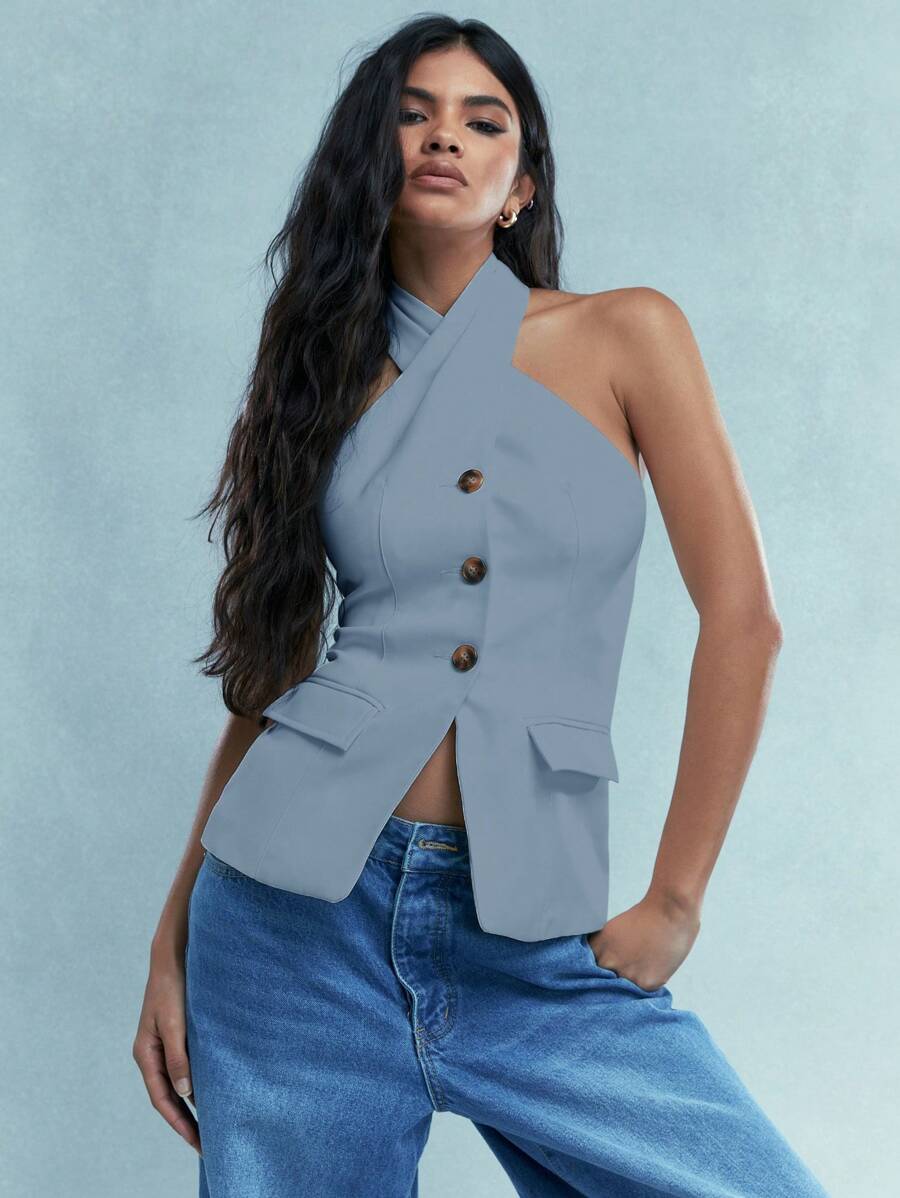 MISSGUIDED Top de espalda descubierta con cuello de cruzado y botones con cuello halter y bolsillos