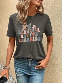 SHEIN LUNE Áo thun nữ tay ngắn cổ tròn rộng rãi họa tiết Ngày Nhà giáo đơn giản, thường ngày, chất liệu cotton pha, mùa hè - Màu xám đen - Xem 5