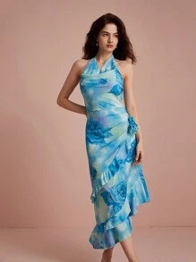 GENKIRA Vestido de verano con estampado aleatorio, cuello drapeado con 3D flores, volantes y bajo asimétrico - Azul - Ver 1