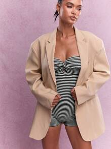 MISSGUIDED Mono corto de verano con detalle de nudo retorcido, rayado texturizado y ajustado, mono lindo - Blanco y Negro - Ver 3