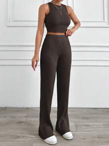 EURMUSE Casual Solid Color Tank Top And Pants 2Pcs Set - Brown - View 3